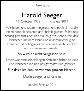 Anzeige von Harold Seeger von Kölner Stadt-Anzeiger / Kölnische Rundschau / Express