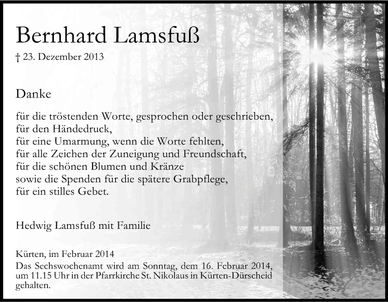  Traueranzeige für Bernhard Lamsfuß vom 11.02.2014 aus Kölner Stadt-Anzeiger / Kölnische Rundschau / Express