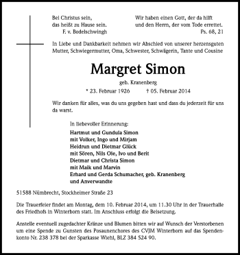 Anzeige von Margret Simon von Kölner Stadt-Anzeiger / Kölnische Rundschau / Express