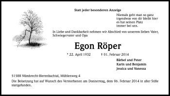 Anzeige von Egon Röper von Kölner Stadt-Anzeiger / Kölnische Rundschau / Express