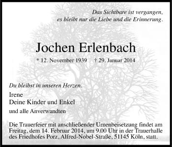 Anzeige von Jochen Erlenbach von Kölner Stadt-Anzeiger / Kölnische Rundschau / Express