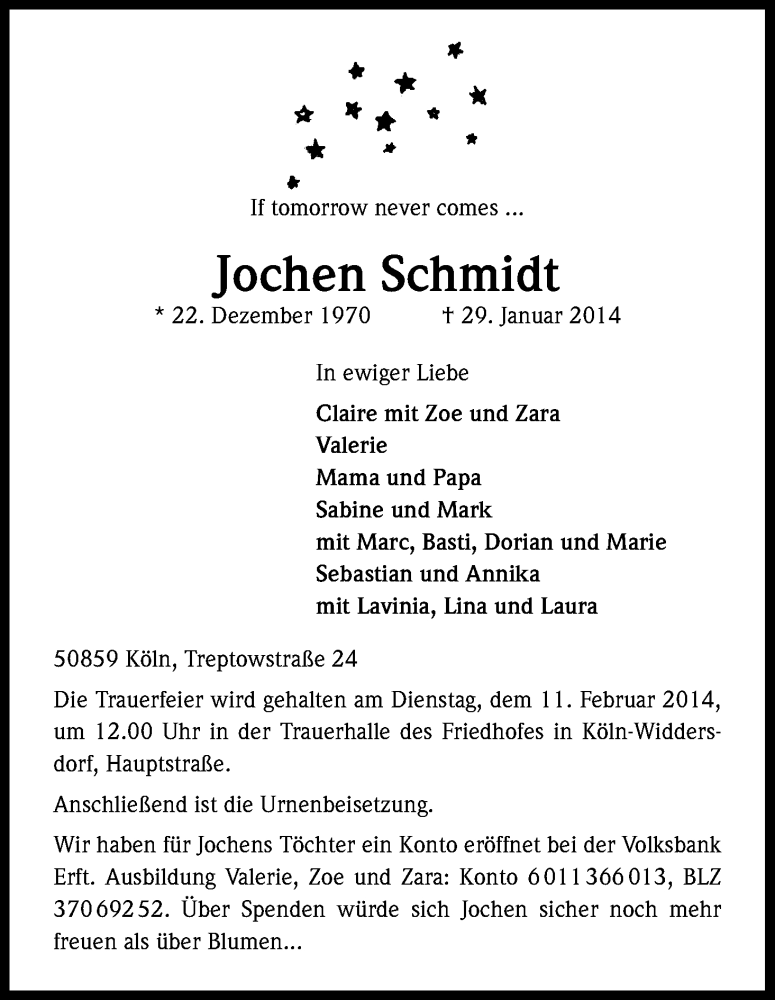  Traueranzeige für Jochen Schmidt vom 08.02.2014 aus Kölner Stadt-Anzeiger / Kölnische Rundschau / Express