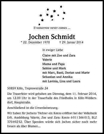 Anzeige von Jochen Schmidt von Kölner Stadt-Anzeiger / Kölnische Rundschau / Express