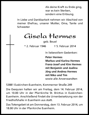 Anzeige von Gisela Hermes von Kölner Stadt-Anzeiger / Kölnische Rundschau / Express