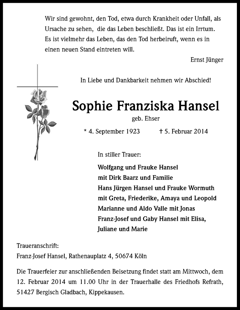  Traueranzeige für Sophie Franziska Hansel vom 08.02.2014 aus Kölner Stadt-Anzeiger / Kölnische Rundschau / Express