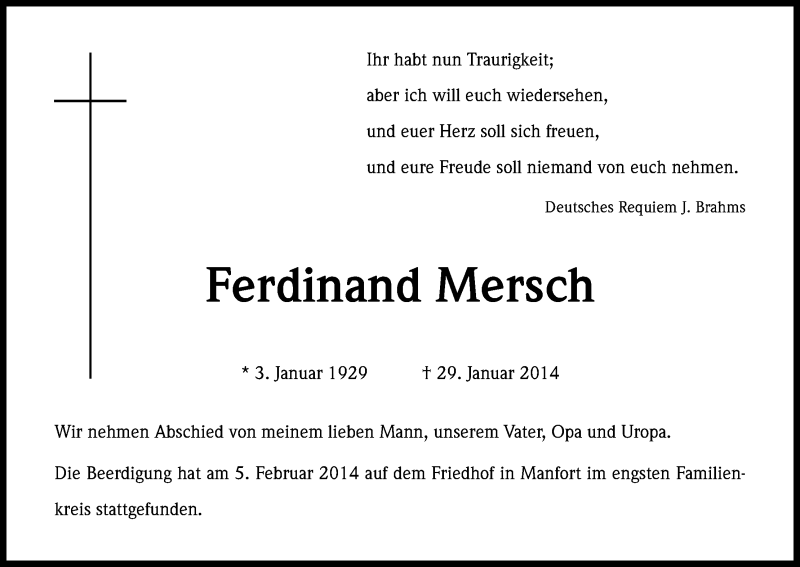  Traueranzeige für Ferdinand Mersch vom 08.02.2014 aus Kölner Stadt-Anzeiger / Kölnische Rundschau / Express
