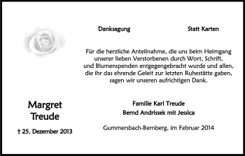 Anzeige von MArgret Treude von Kölner Stadt-Anzeiger / Kölnische Rundschau / Express