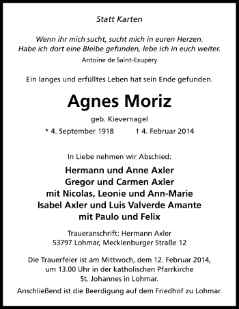 Anzeige von Agnes Moriz von Kölner Stadt-Anzeiger / Kölnische Rundschau / Express