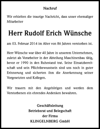 Anzeige von Rudolf Erich Wünsche von Kölner Stadt-Anzeiger / Kölnische Rundschau / Express