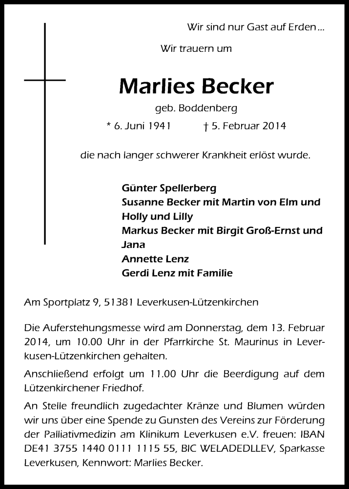  Traueranzeige für Marlies Becker vom 10.02.2014 aus Kölner Stadt-Anzeiger / Kölnische Rundschau / Express