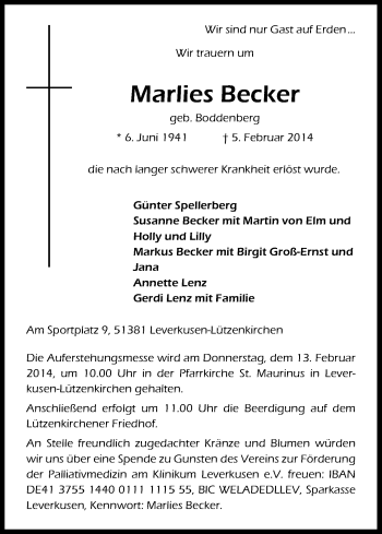 Anzeige von Marlies Becker von Kölner Stadt-Anzeiger / Kölnische Rundschau / Express