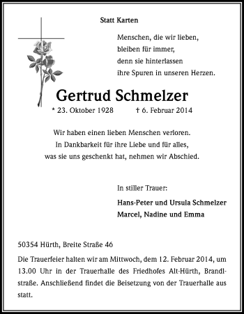 Anzeige von Gertrud Schmelzer von Kölner Stadt-Anzeiger / Kölnische Rundschau / Express