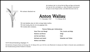 Anzeige von Anton Wallau von Kölner Stadt-Anzeiger / Kölnische Rundschau / Express
