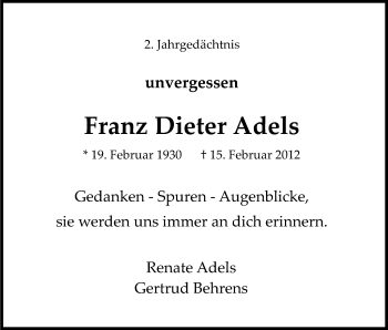 Anzeige von Franz Dieter Adels von Kölner Stadt-Anzeiger / Kölnische Rundschau / Express
