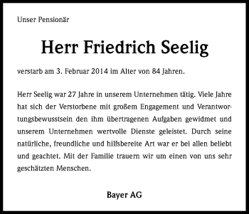 Anzeige von Friedrich Seelig von Kölner Stadt-Anzeiger / Kölnische Rundschau / Express