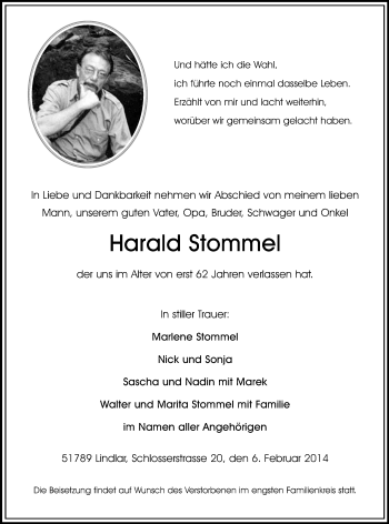 Anzeige von Harald Stommel von Kölner Stadt-Anzeiger / Kölnische Rundschau / Express