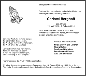 Anzeige von Christel Berghoff von Kölner Stadt-Anzeiger / Kölnische Rundschau / Express