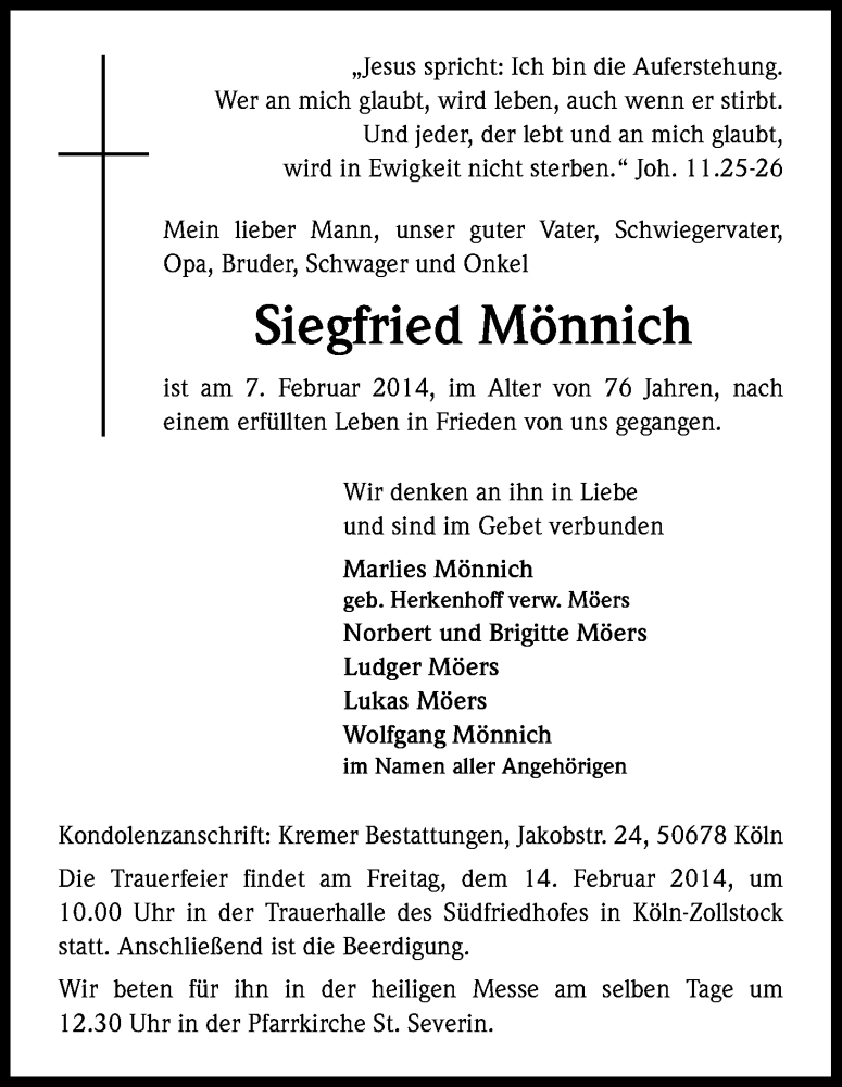  Traueranzeige für Siegfried Mönnich vom 12.02.2014 aus Kölner Stadt-Anzeiger / Kölnische Rundschau / Express