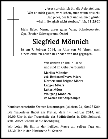Anzeige von Siegfried Mönnich von Kölner Stadt-Anzeiger / Kölnische Rundschau / Express