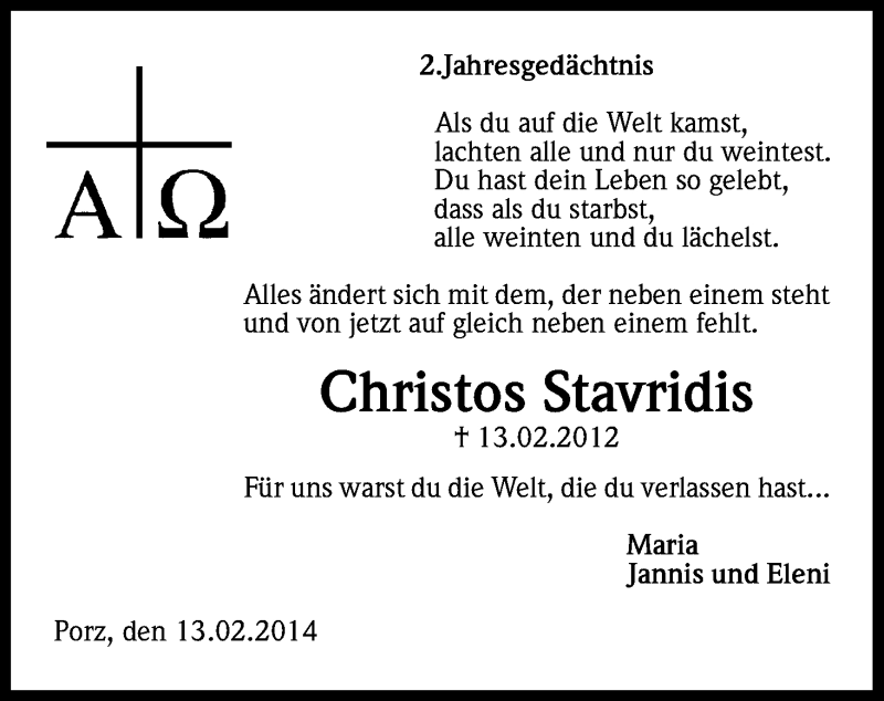  Traueranzeige für Christos Stavridis vom 13.02.2014 aus Kölner Stadt-Anzeiger / Kölnische Rundschau / Express