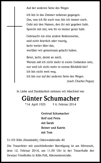 Anzeige von Günter Schumacher von Kölner Stadt-Anzeiger / Kölnische Rundschau / Express