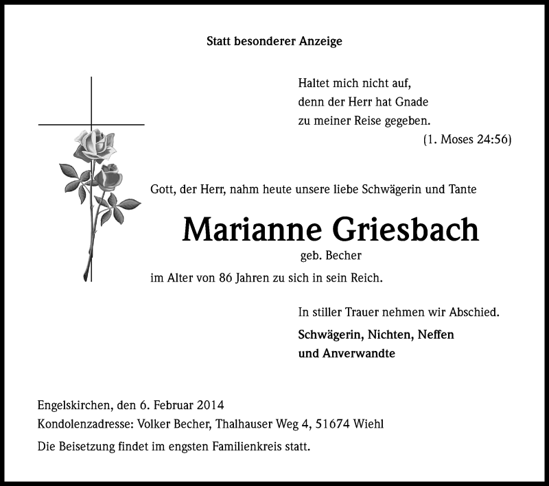  Traueranzeige für Marianne Griesbach vom 10.02.2014 aus Kölner Stadt-Anzeiger / Kölnische Rundschau / Express