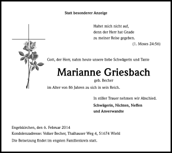 Anzeige von Marianne Griesbach von Kölner Stadt-Anzeiger / Kölnische Rundschau / Express