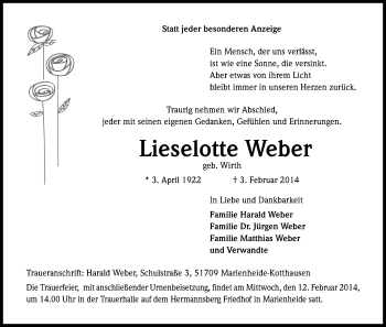 Anzeige von Lieselotte Weber von Kölner Stadt-Anzeiger / Kölnische Rundschau / Express