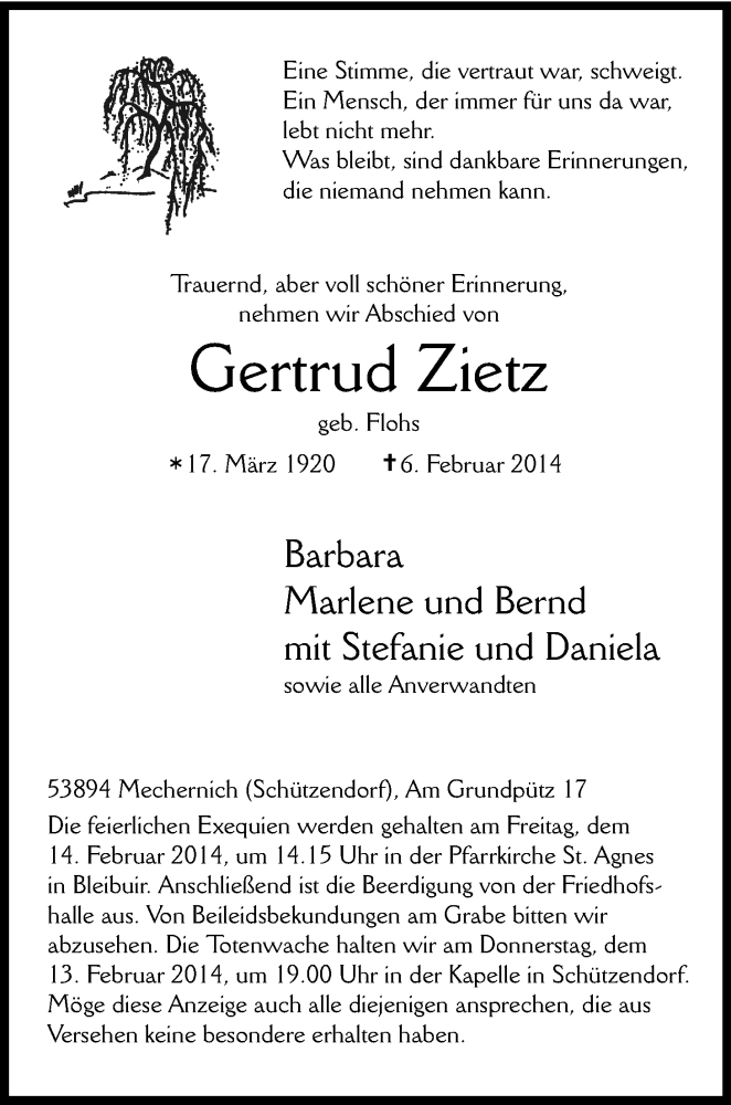  Traueranzeige für Gertrud Zietz vom 11.02.2014 aus Kölner Stadt-Anzeiger / Kölnische Rundschau / Express
