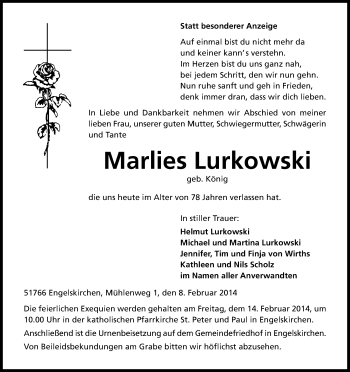 Anzeige von Marlies Lurkowski von Kölner Stadt-Anzeiger / Kölnische Rundschau / Express