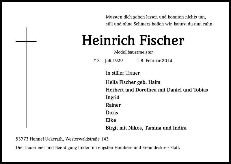  Traueranzeige für Heinrich Fischer vom 11.02.2014 aus Kölner Stadt-Anzeiger / Kölnische Rundschau / Express