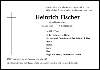 Anzeige von Heinrich Fischer von Kölner Stadt-Anzeiger / Kölnische Rundschau / Express