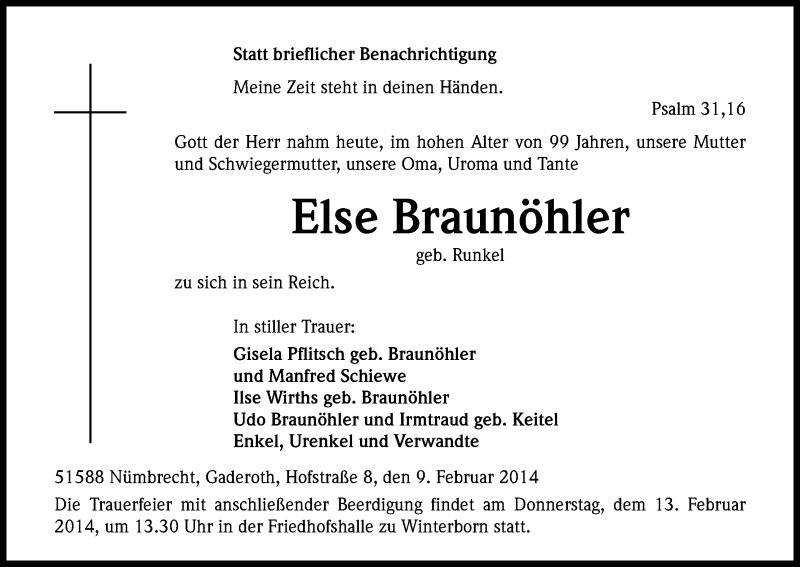  Traueranzeige für Else Braunöhler vom 11.02.2014 aus Kölner Stadt-Anzeiger / Kölnische Rundschau / Express