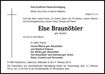 Anzeige von Else Braunöhler von Kölner Stadt-Anzeiger / Kölnische Rundschau / Express