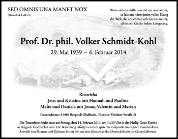 Anzeige von Volker Schmidt-Kohl von Kölner Stadt-Anzeiger / Kölnische Rundschau / Express