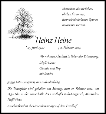 Anzeige von Heinz Heine von Kölner Stadt-Anzeiger / Kölnische Rundschau / Express