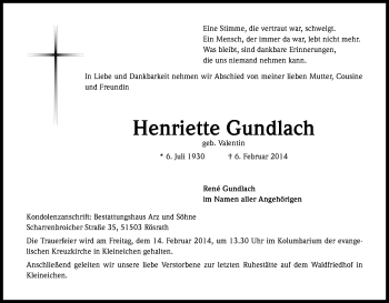 Anzeige von Henriette Gundlach von Kölner Stadt-Anzeiger / Kölnische Rundschau / Express