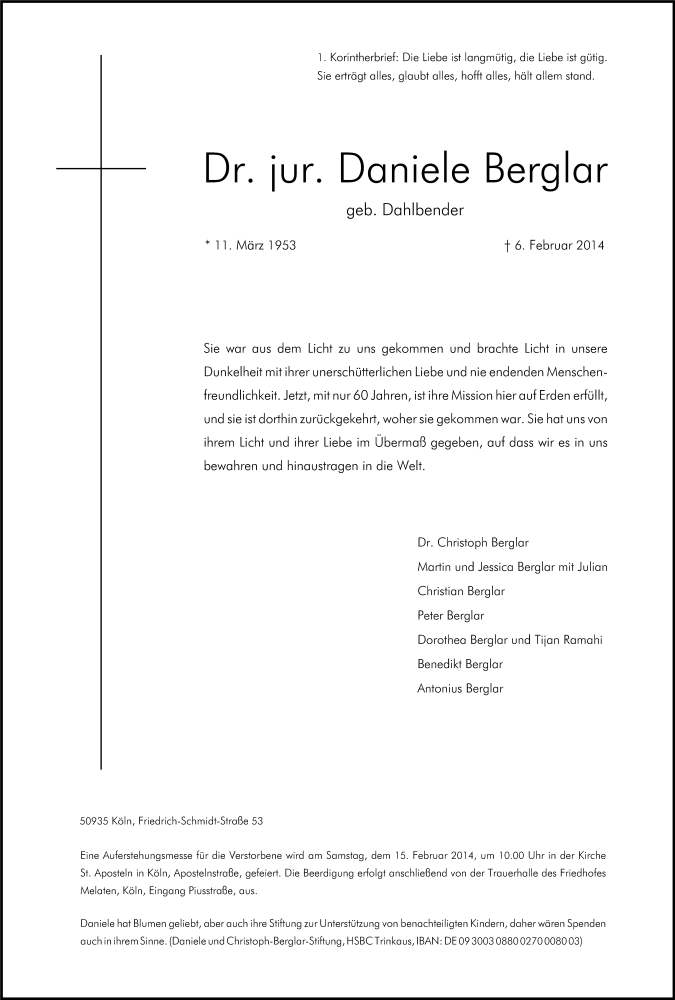  Traueranzeige für Daniele Berglar vom 12.02.2014 aus Kölner Stadt-Anzeiger / Kölnische Rundschau / Express