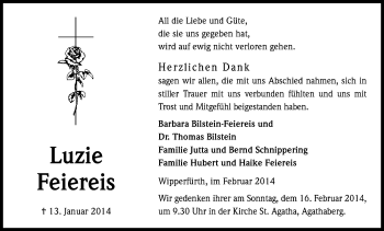 Anzeige von Luzie Feiereis von Kölner Stadt-Anzeiger / Kölnische Rundschau / Express