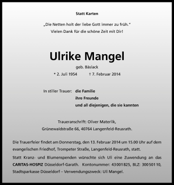 Anzeige von Ulrike Mangel von Kölner Stadt-Anzeiger / Kölnische Rundschau / Express