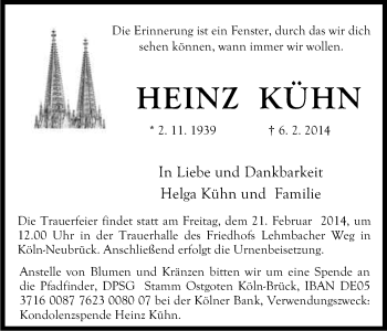 Anzeige von Heinz Kühn von Kölner Stadt-Anzeiger / Kölnische Rundschau / Express