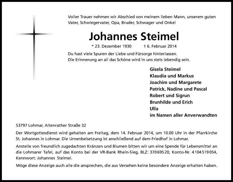  Traueranzeige für Johannes Steimel vom 11.02.2014 aus Kölner Stadt-Anzeiger / Kölnische Rundschau / Express