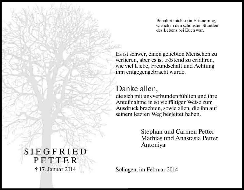  Traueranzeige für Siegfried Petter vom 22.02.2014 aus Kölner Stadt-Anzeiger / Kölnische Rundschau / Express