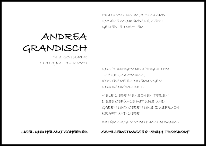  Traueranzeige für Andrea Grandisch vom 12.02.2014 aus Kölner Stadt-Anzeiger / Kölnische Rundschau / Express