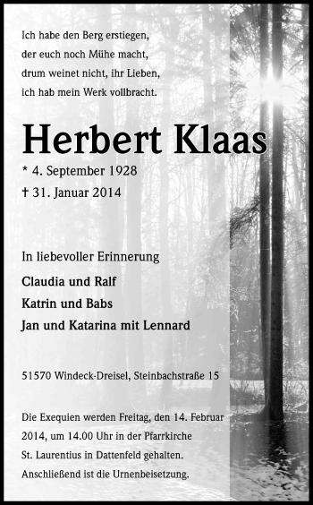 Anzeige von Herbert Klaas von Kölner Stadt-Anzeiger / Kölnische Rundschau / Express