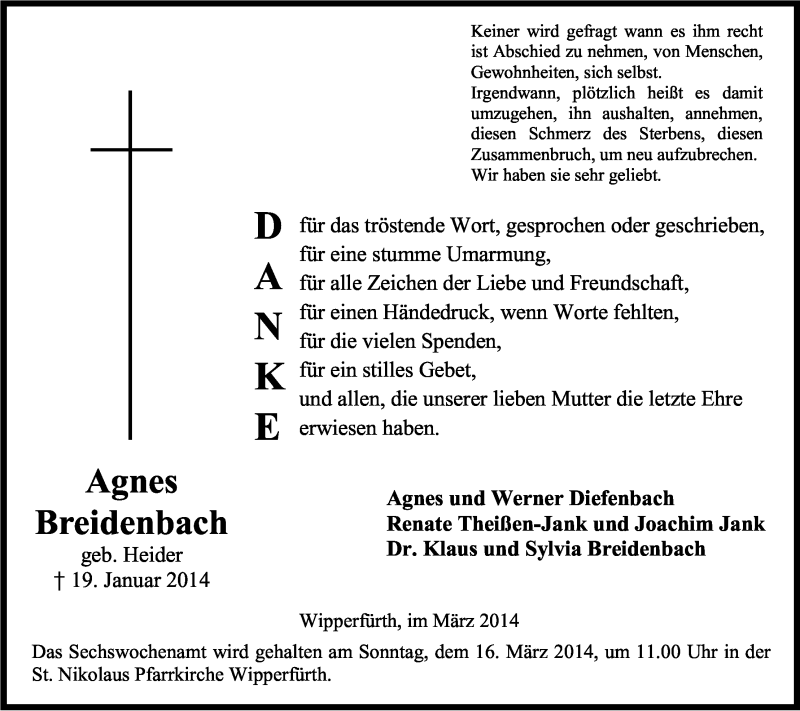  Traueranzeige für Agnes Breidenbach vom 08.03.2014 aus Kölner Stadt-Anzeiger / Kölnische Rundschau / Express