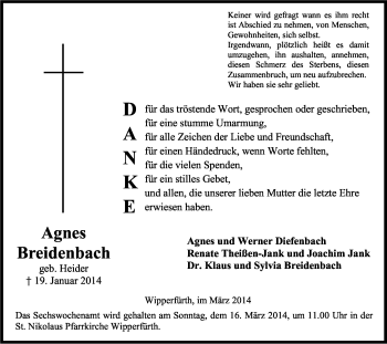 Anzeige von Agnes Breidenbach von Kölner Stadt-Anzeiger / Kölnische Rundschau / Express