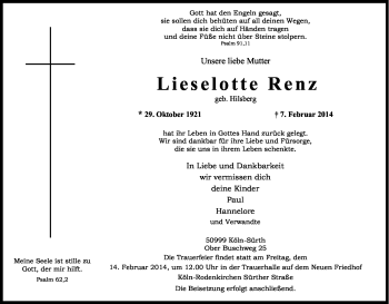 Anzeige von Lieselotte Renz von Kölner Stadt-Anzeiger / Kölnische Rundschau / Express