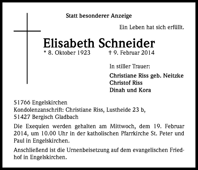  Traueranzeige für Elisabeth Schneider vom 12.02.2014 aus Kölner Stadt-Anzeiger / Kölnische Rundschau / Express