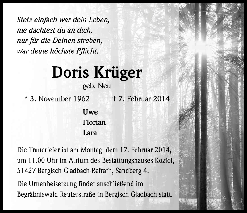  Traueranzeige für Doris Krüger vom 13.02.2014 aus Kölner Stadt-Anzeiger / Kölnische Rundschau / Express